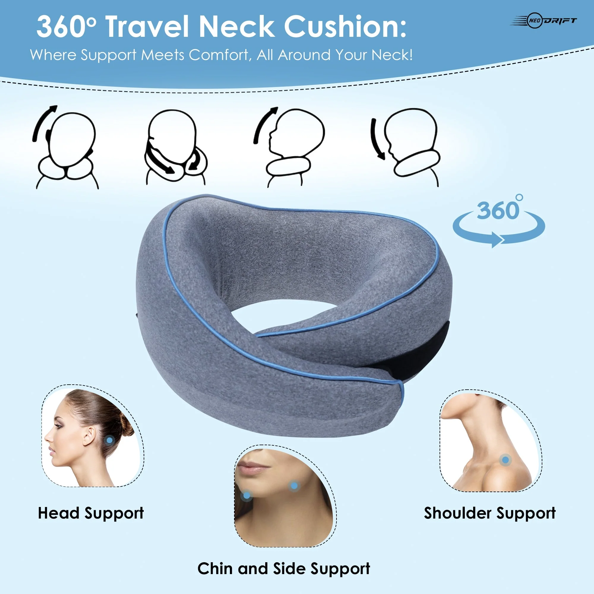 Neodrift Travel Pillow Cushions for Comfortable Sleep & Neck Support (Car, Plane) - Image 3