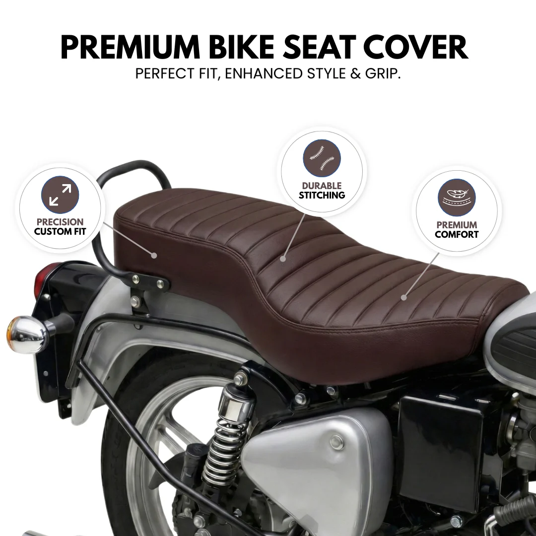 Neodrift Bike Seat Cover For Royal Enfield | Anti-Slip & Shock-Absorbing Design | Water-Resistant | Strip Cushioning | Easy Fit | Saka Art Leather - Image 14