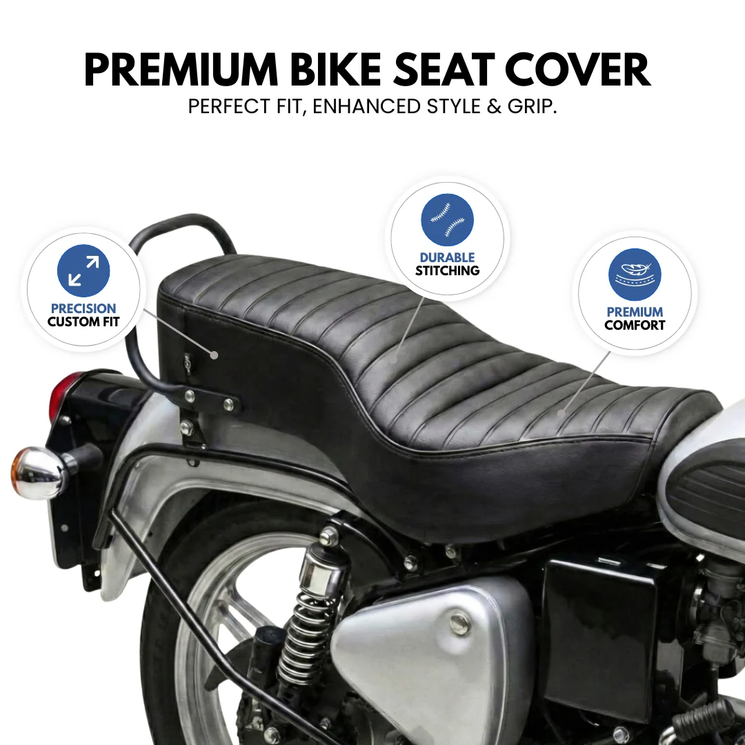 Neodrift Bike Seat Cover For Royal Enfield | Anti-Slip & Shock-Absorbing Design | Water-Resistant | Strip Cushioning | Easy Fit | Saka Art Leather - Image 2