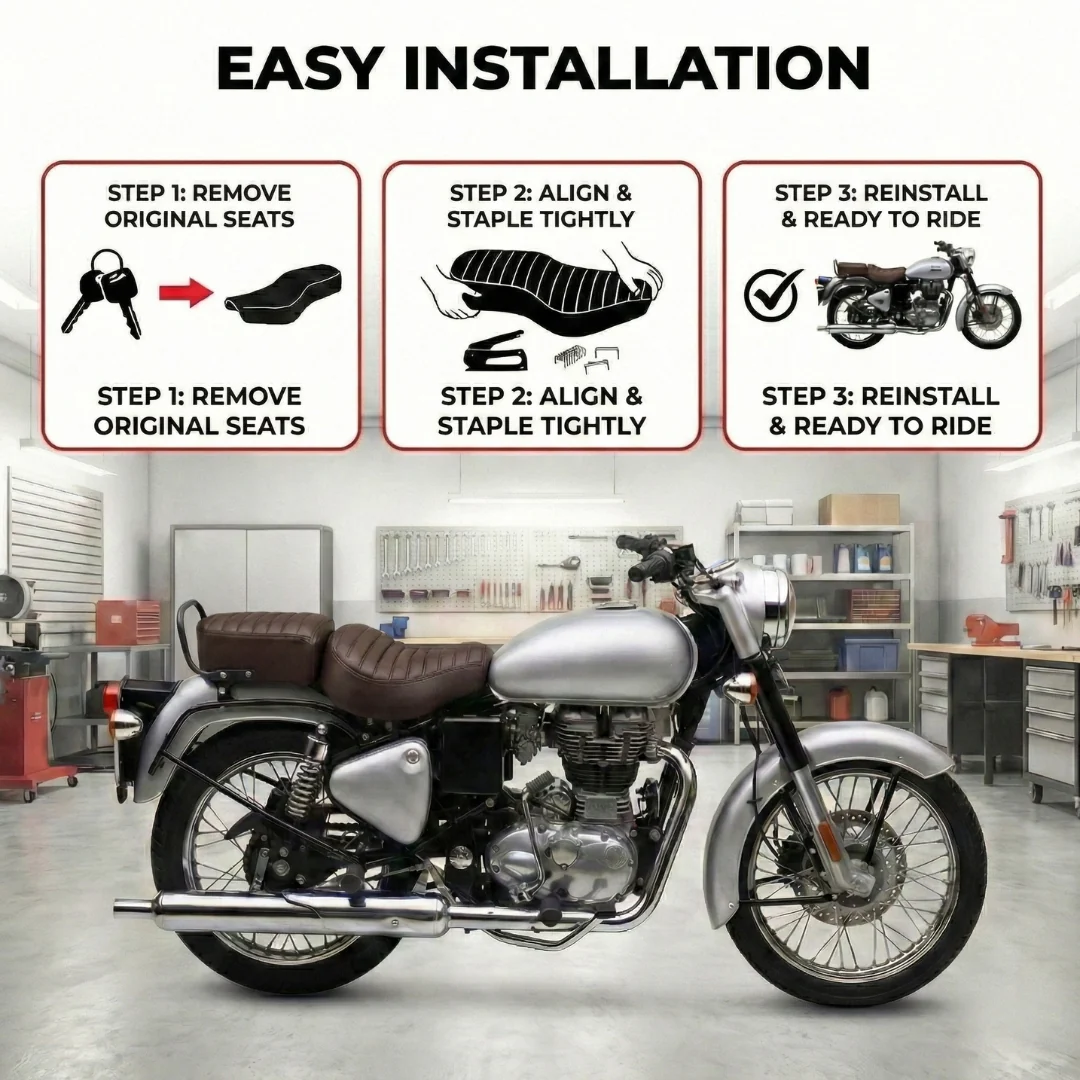 Neodrift Bike Seat Cover For Royal Enfield | Anti-Slip & Shock-Absorbing Design | Water-Resistant | Strip Cushioning | Easy Fit | Saka Art Leather - Image 23