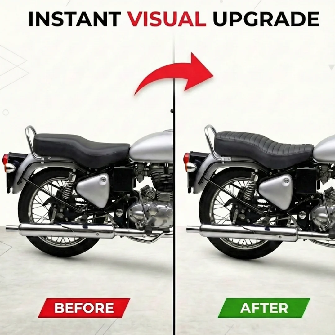 Neodrift Bike Seat Cover for Royal Enfield Bullet 350/360 | Anti-Slip & Shock-Absorbing Design | Water-Resistant | Strip Cushioning | Easy Fit | Saka Art Leather - Image 4