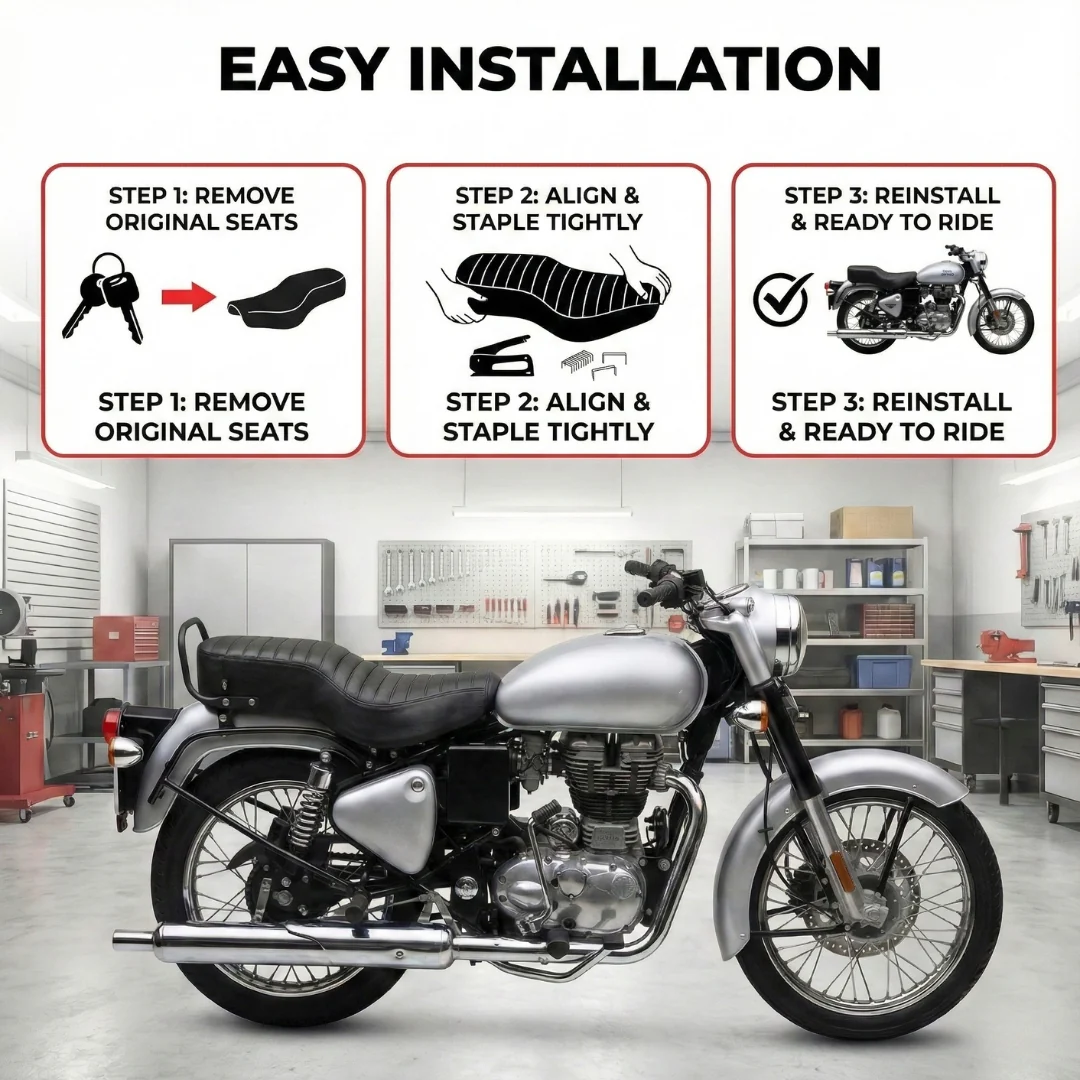 Neodrift Bike Seat Cover for Royal Enfield Bullet 350/360 | Anti-Slip & Shock-Absorbing Design | Water-Resistant | Strip Cushioning | Easy Fit | Saka Art Leather - Image 5