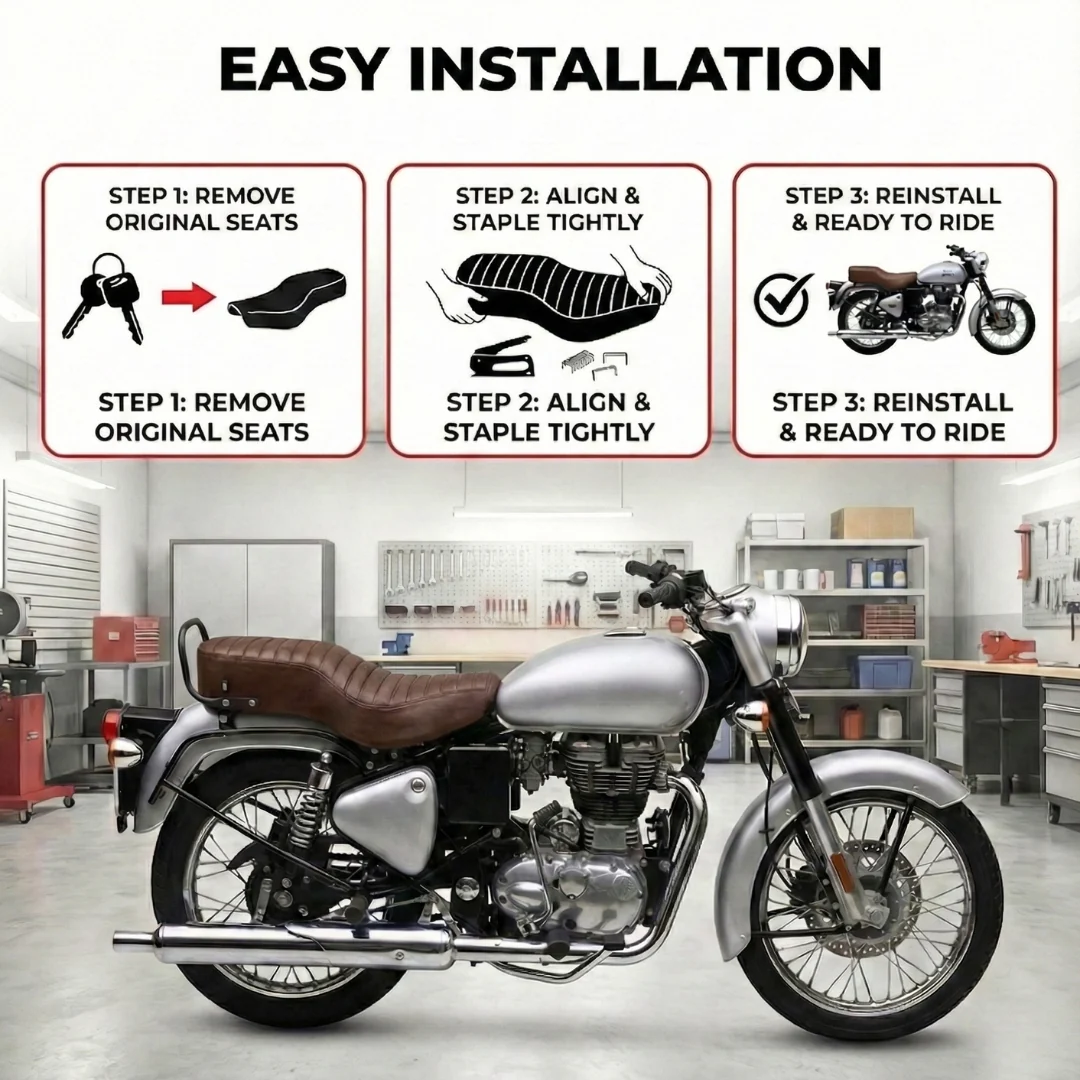 Neodrift Bike Seat Cover for Royal Enfield Hunter 350/650 | Anti-Slip & Shock-Absorbing Design | Water-Resistant | Strip Cushioning | Easy Fit | Saka Art Leather - Image 5