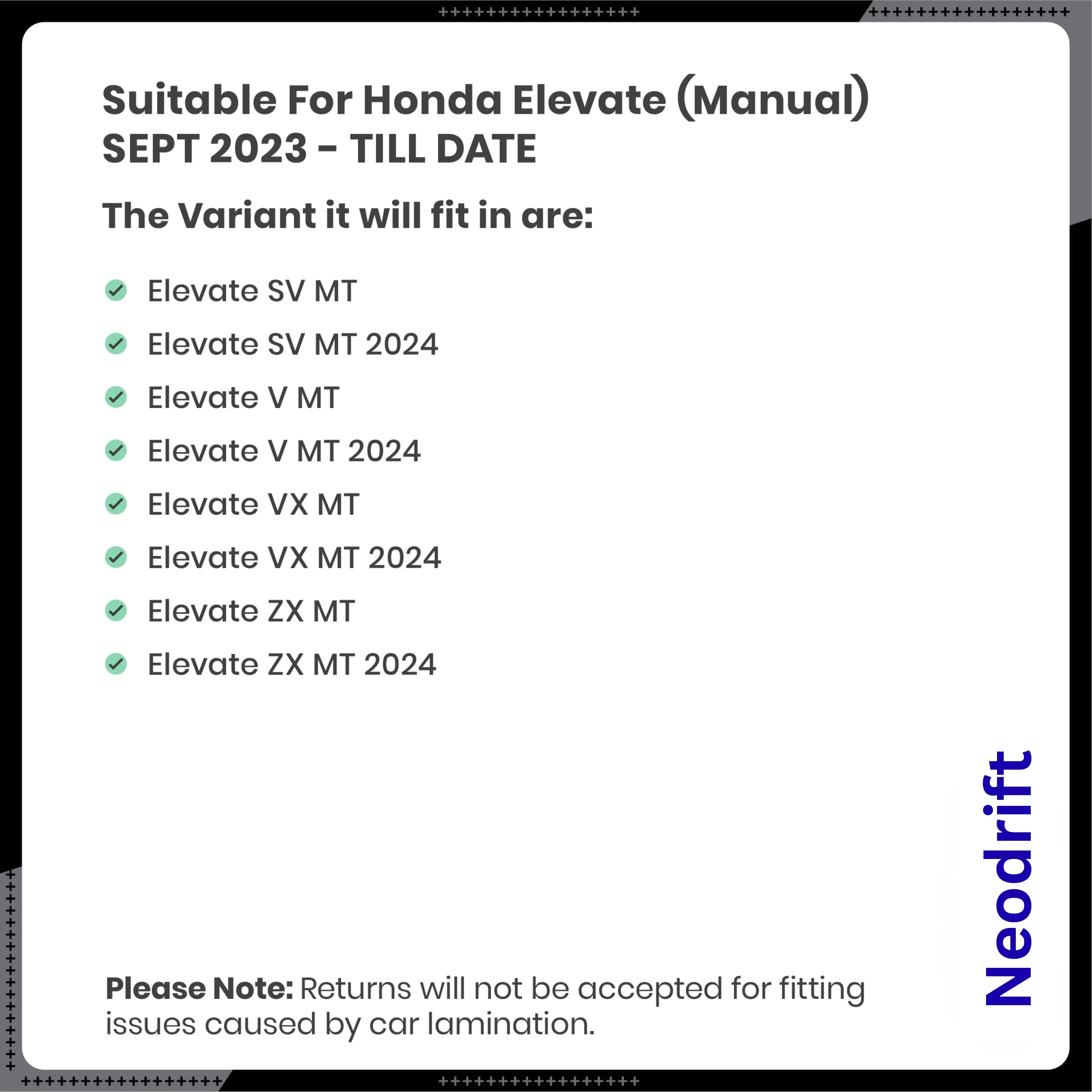 Neodrift - DriftLiner 5D Car Floor Mats for Honda Elevate (Manual Transmission) - Regular (Set of 4) - Image 8