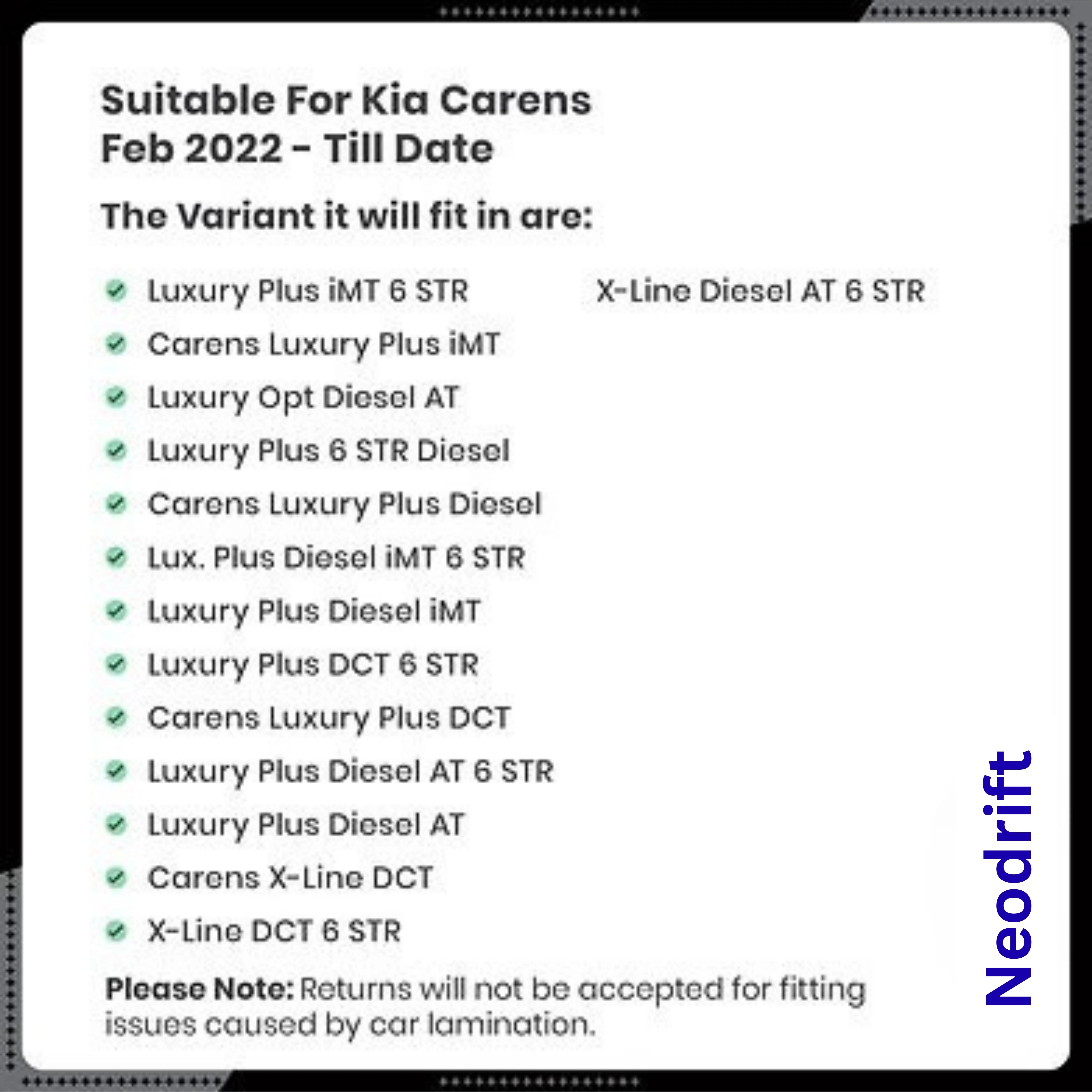 Neodrift - DriftLiner 5D Car Floor Mats for Kia Carens - Regular (Set of 7) - Image 9