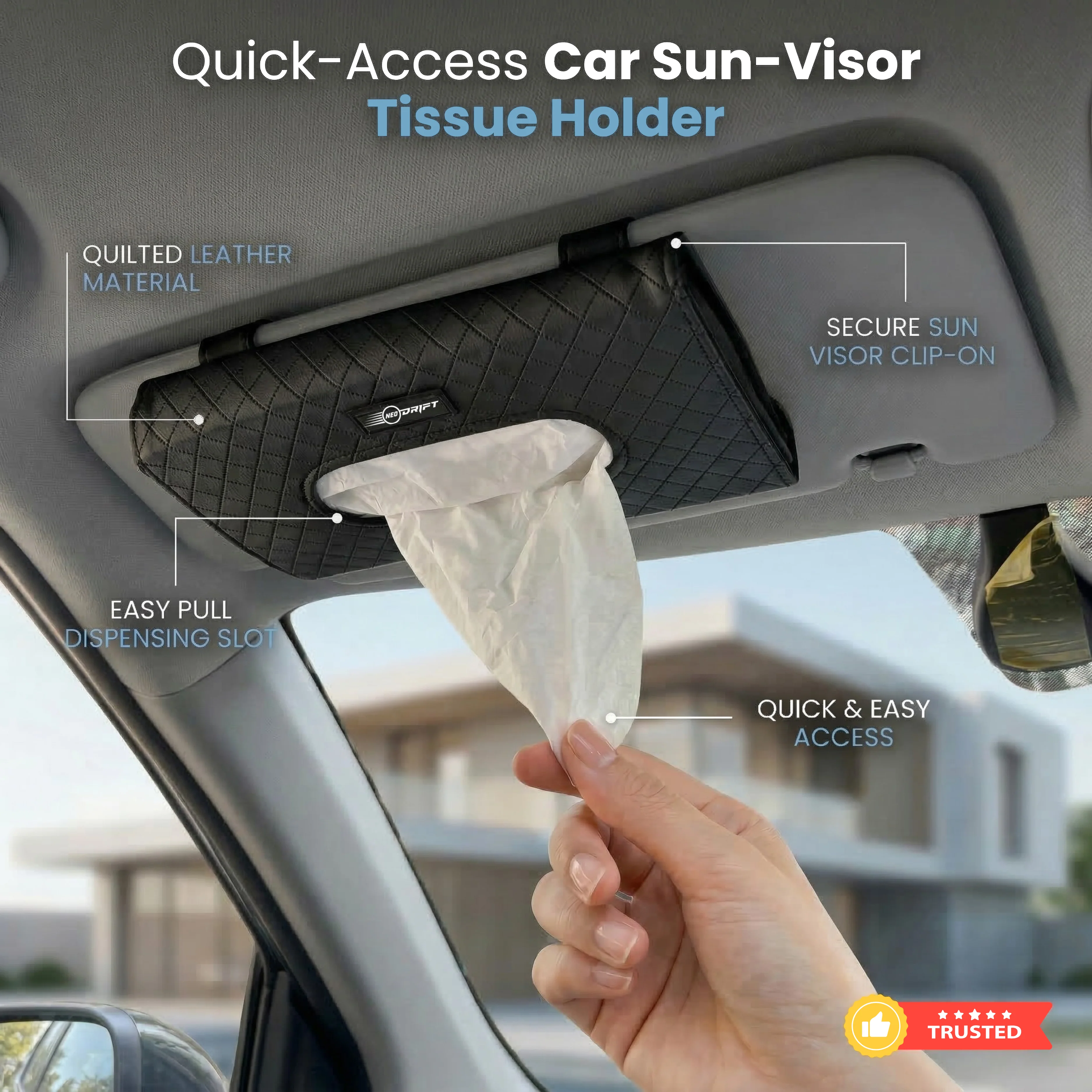 NEODRIFT 'TissueClip' Car Sun Visor Tissue Holder with 100 Pulls | Rectangular Tissue Dispenser | Car Tissue Box Holder | Easy Clip Sun Visor Napkin Holder - Image 11
