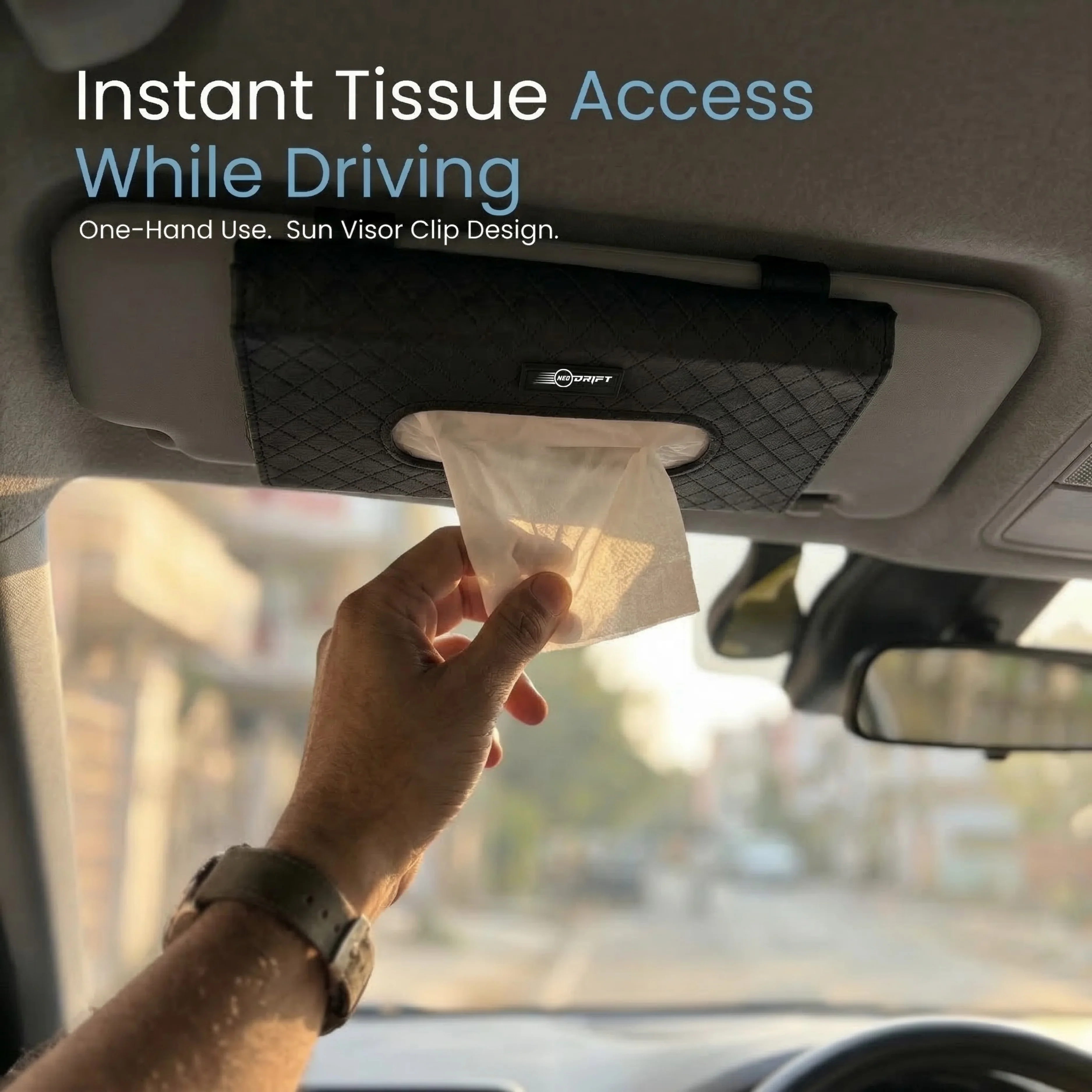 NEODRIFT 'TissueClip' Car Sun Visor Tissue Holder with 100 Pulls | Rectangular Tissue Dispenser | Car Tissue Box Holder | Easy Clip Sun Visor Napkin Holder - Image 15