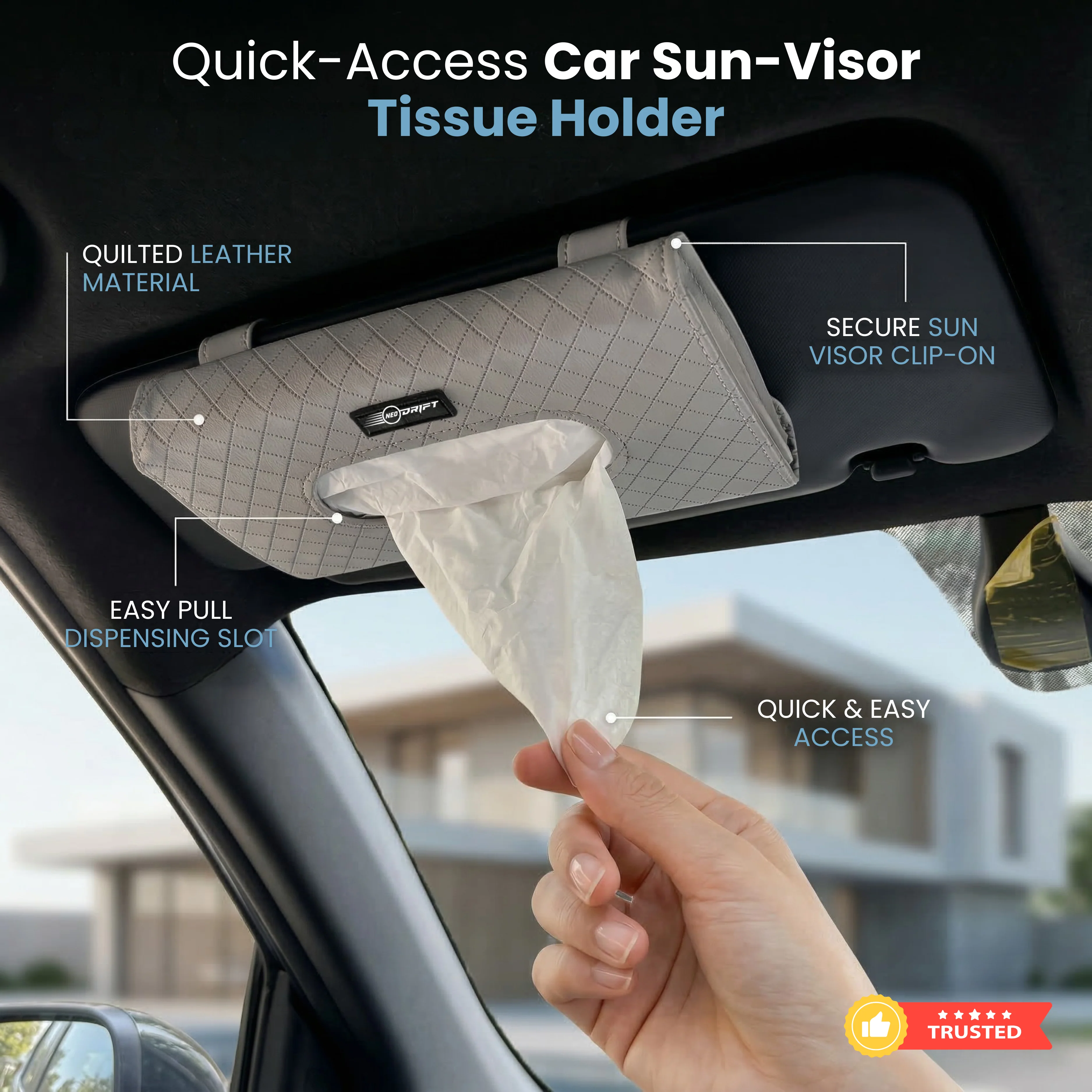 NEODRIFT 'TissueClip' Car Sun Visor Tissue Holder with 100 Pulls | Rectangular Tissue Dispenser | Car Tissue Box Holder | Easy Clip Sun Visor Napkin Holder - Image 3